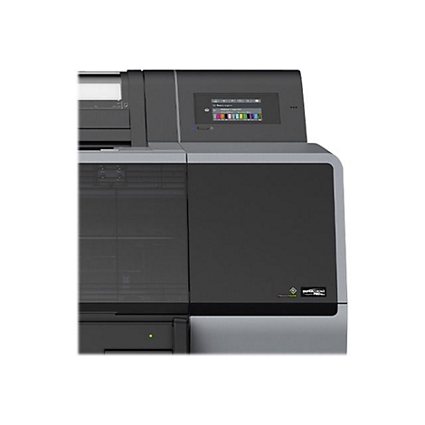 Großer, schwarzer Drucker mit Display. Farbige Leiste im Display, Logo und Schriftzug.