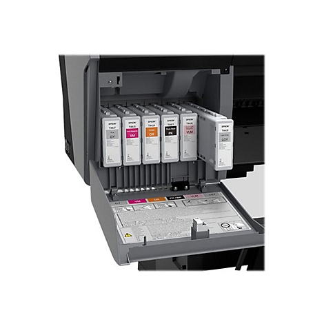 Nahaufnahme eines geöffneten Druckers mit eingesetzten Tintenpatronen. Farben: Grau, Violett, Orange und Gelb. Auf den Patronen steht "Epson T644".