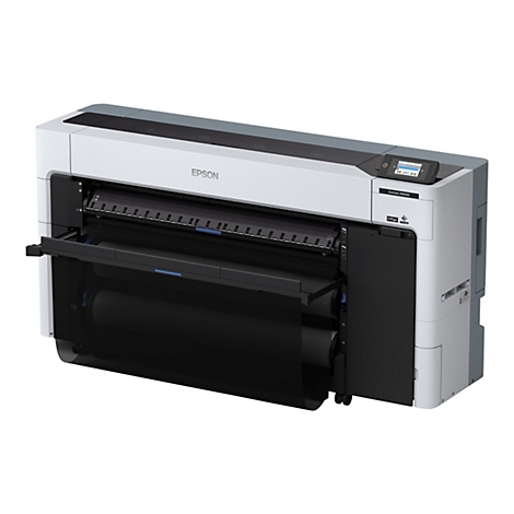 Großer weißer Drucker mit Epson-Logo, Details in Grau und Schwarz. Bedienfeld mit Bildschirm rechts oben.