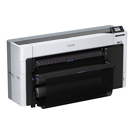 Ein weißer Großformatdrucker mit geöffneter Front. Der Drucker hat das EPSON-Logo. Auf der Oberseite befindet sich ein kleines Bedienfeld.