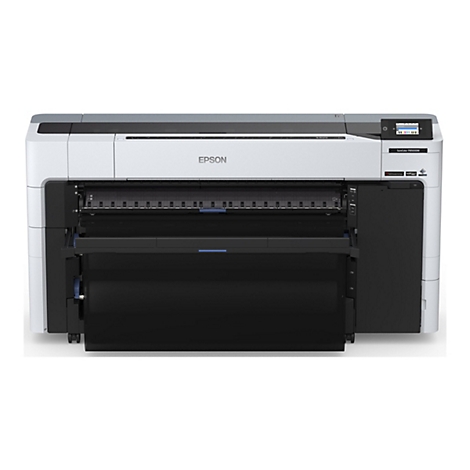 Großer weißer Drucker mit Epson-Logo, darunter schwarze Halterung für Papierrollen. Auf der rechten Seite ein kleines Display.