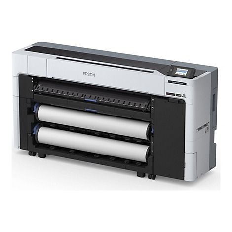 Großer, weiß-grauer Epson SureColor P8500DM Großformatdrucker. Zwei Rollen Papier sind eingesetzt. Oben das Epson-Logo und ein Bedienfeld.