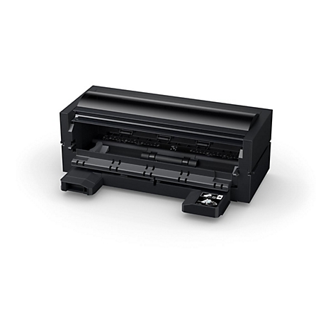 Schwarzer Drucker mit geöffneten Komponenten, auf weißem Hintergrund.