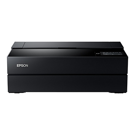 Schwarzer Drucker mit Epson-Logo, rechteckig, flache Oberseite, Bedienfeld rechts.