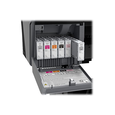 Nahaufnahme eines Druckers mit geöffnetem Fach, zeigt Tintenpatronen. Farben: Grau, Cyan, Magenta, Gelb, Orange, Schwarz und Hellgrau.