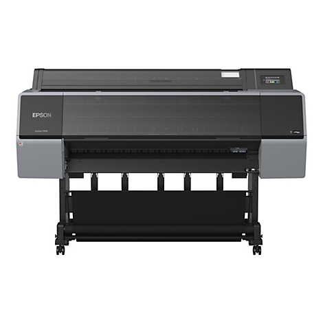 Großer, grauer Epson SureColor P9500 Drucker mit schwarzem Aufbau und Farbdisplay.