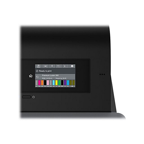 Vue détaillée d'une imprimante prête à imprimer. L'écran affiche l'état et les couleurs d'encre.