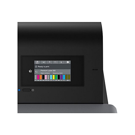 Detailansicht eines schwarzen Druckers mit Bildschirm. Auf dem Display sind Informationen wie "Ready to print" und "Premium Luster 260" zu sehen.