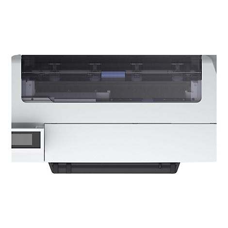 Draufsicht auf einen weißen Drucker mit schwarzem Element und Display.