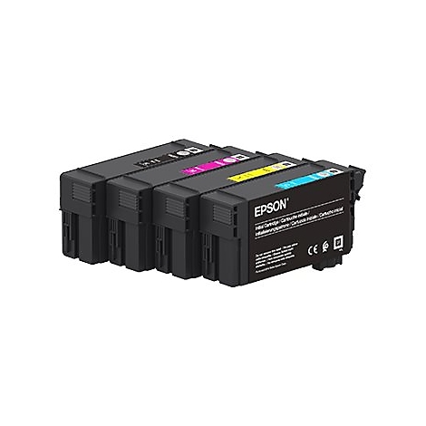 Mehrere schwarze Tintenpatronen von Epson in verschiedenen Farben.