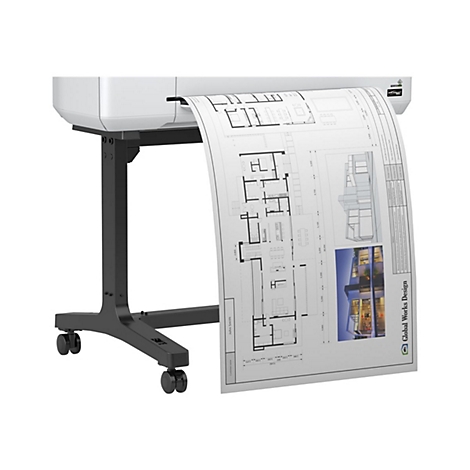 Großer, weißer Plotter druckt einen Bauplan. Der Plan zeigt Grundrisse und eine Gebäudevisualisierung. Der Plotter steht auf einem schwarzen, rollbaren Gestell.