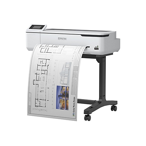 Ein weißer Großformatdrucker mit einer herausragenden Blaupause mit Hausgrundrissen, bedruckt mit technischen Spezifikationen und dem Logo "Global Works Design".