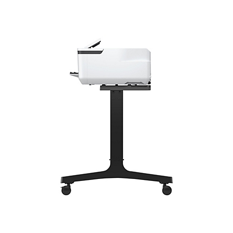 Ein weißer Drucker auf einem schwarzen Rollwagen, isoliert auf weißem Hintergrund. Der Drucker hat eine flache Oberseite und eine vertikale Klappe.