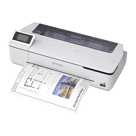 Ein weißer Drucker druckt einen Bauplan. Auf dem Blatt sind Architekturzeichnungen und ein Logo zu sehen. Der Drucker hat einen kleinen Bildschirm.