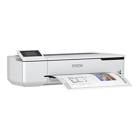 Ein weißer Drucker druckt eine blau-weiß-skizzierte Zeichnung. Auf dem Drucker steht das Logo von Epson.