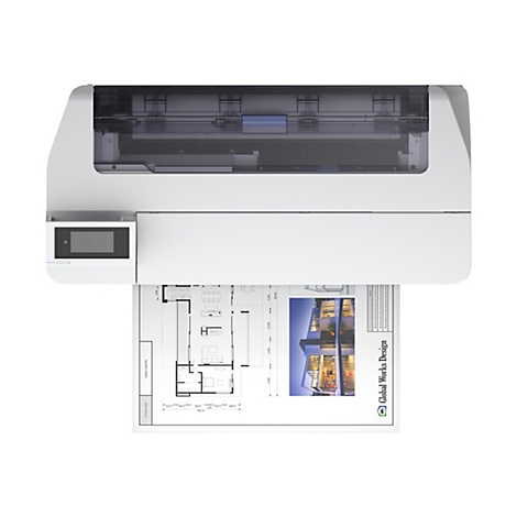 Ein Drucker druckt einen Grundriss mit dem Logo "Global Works Design".
