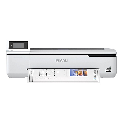Ein weiÃŸer Epson-Drucker druckt ein Dokument mit PlÃ¤nen. Auf dem Drucker ist ein Bildschirm zu sehen.