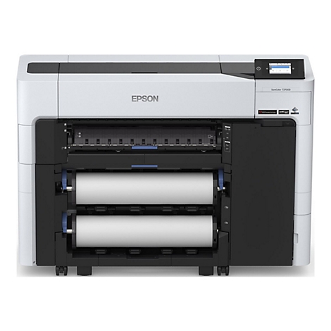 WeiÃŸer Epson-Drucker mit schwarzem Element. Zwei Papierrollen unten. Bedienfeld rechts oben. Aufschrift Epson.