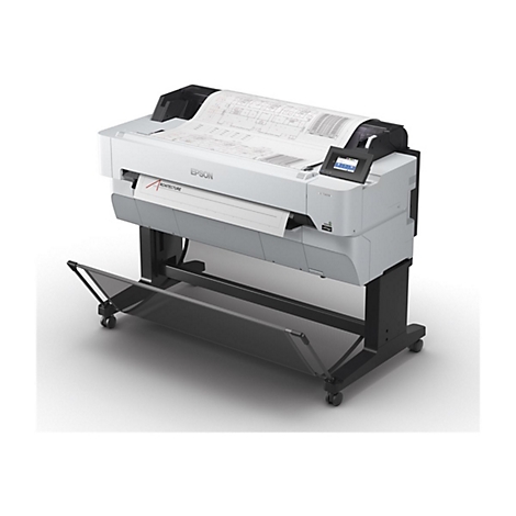 Grande imprimante blanche et grise avec des accents noirs. L'appareil est posé sur un cadre noir à roulettes, un plan est en cours de sortie.