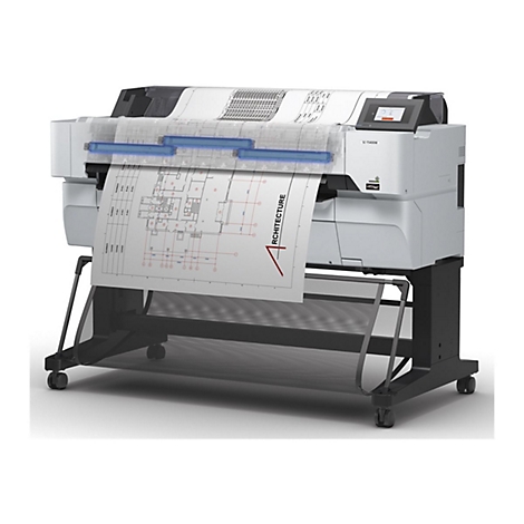 Une imprimante grand format imprimant un plan d'architecture. L'imprimante est sur un chariot à roulettes.