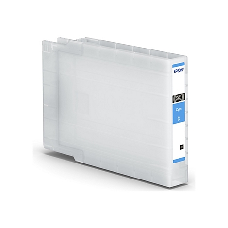 Hellblaue Tintenpatrone von Epson für einen Drucker, mit Cyan-Aufdruck.