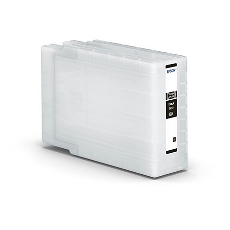 Eine weiße Tintenpatrone mit „Epson“-Logo und Label mit „Black, Noir, BK“.