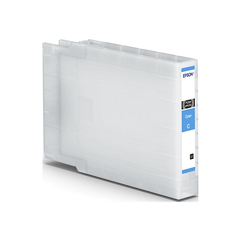 Hellblauer Tintenpatronenbehälter mit "Cyan" Beschriftung, "C" und "Epson" Logo.