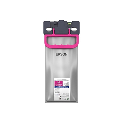 Eine Tintenpatrone der Marke Epson, hauptsächlich in Silber und Pink gehalten. Auf der Patrone befinden sich verschiedene Schriftzüge in mehreren Sprachen.