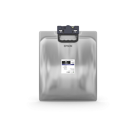 Grauer Epson Tintenbehälter, mit schwarzem Griff und Beschriftungen. Ein Etikett zeigt Produktinformationen, BK und ICXBK20.