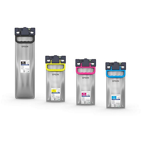 Vier Tintenpatronen von Epson in unterschiedlichen Größen. Schwarz, Gelb, Magenta und Cyan. Jeder Behälter hat einen farbigen Griff.