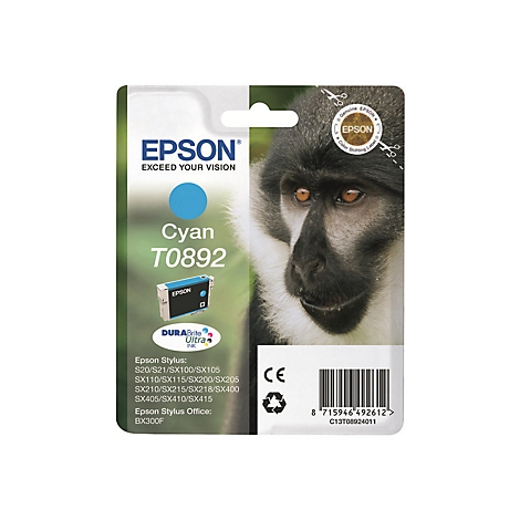 Cyan Druckerpatrone mit dem Bild eines Affen, Text EPSON, Exceed your vision, T0892 und DURABrite Ultra