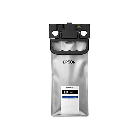 Schwarze Epson Tintenpatrone. Auf weißem Hintergrund. Mit Griff und Etikett.