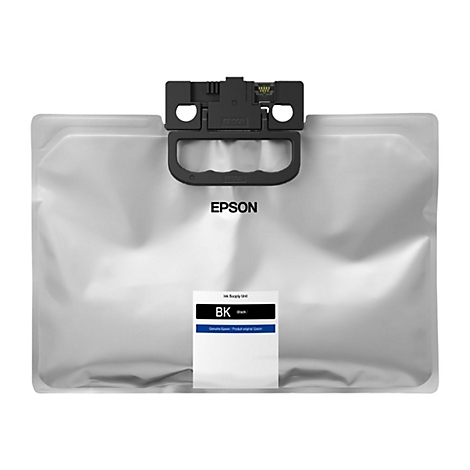 Schwarze Epson Tintenpatrone, BK, mit Epson-Logo, in silberner Schutzfolie verpackt.
