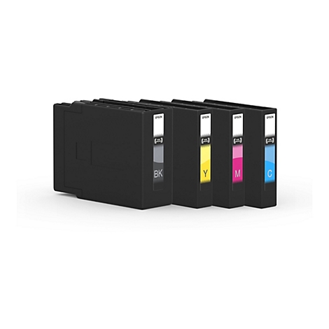 Schwarz, Gelb, Magenta und Cyan Tintenpatronen auf weißem Grund. Auf jeder Patrone steht "EPSON".