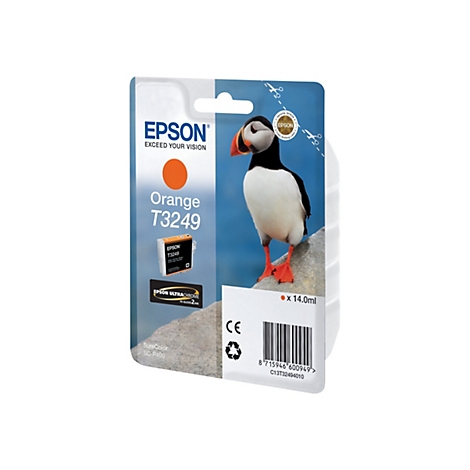 Verpackung Epson Tinte, orange, mit Papageientaucher-Motiv. Aufdruck: Epson, Orange T3249, UltraChrome, 14.0ml, SureColor SC-P400.