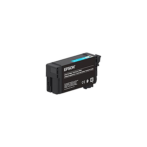 Schwarze Epson Tintenpatrone mit tÃ¼rkisfarbenem Streifen. Schwarzer Text: Epson, Tintenpatrone und Zertifizierungen.