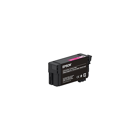 Schwarze Tintenpatrone mit pinkfarbener Tinte. Aufdruck "EPSON".