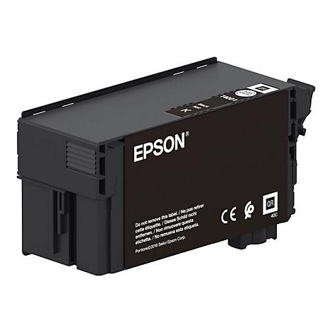 Schwarze Epson Tintenpatrone. Aufschrift: Epson, QR-Code, Modellnummer. Warnhinweis auf der OberflÃ¤che.