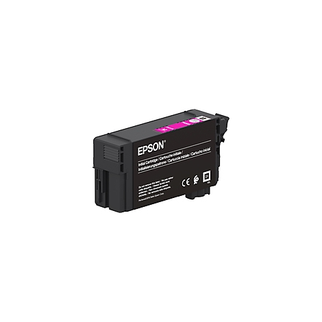Schwarze Tintenpatrone mit pinkfarbener Tinte. Der Schriftzug "EPSON" und mehrsprachige Hinweise sind zu sehen.