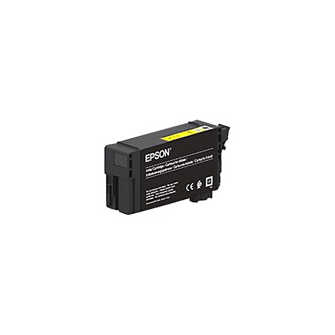 Schwarze Tintenpatrone von Epson mit gelber Markierung, Text, CE-Zeichen.