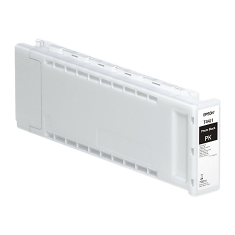 Eine weiÃŸe Tintenpatrone fÃ¼r einen Drucker mit schwarzer Beschriftung. Aufschrift: Epson T44J1 Photo Black PK.