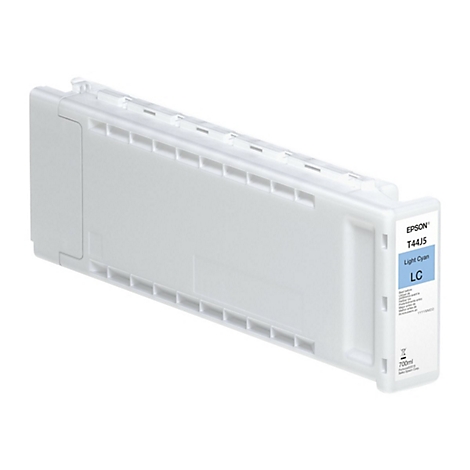 Hellblaue Epson Tintenpatrone, Beschriftung mit Light Cyan. Aufdruck: T44J5, LC, 700ml.
