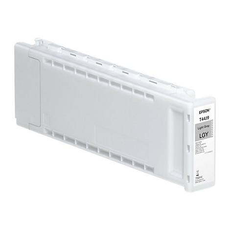 Hellgraue Epson Tintenpatrone. Aufschrift: T44J9 Light Gray LGY, 700ml.