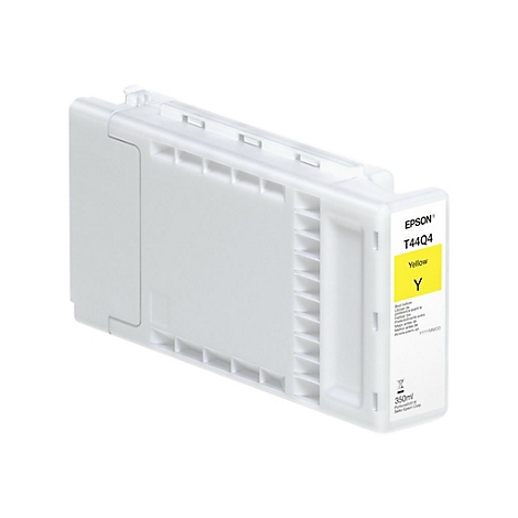 WeiÃŸe Tintenpatrone mit gelbem Etikett mit der Aufschrift Epson T44Q4 Yellow.