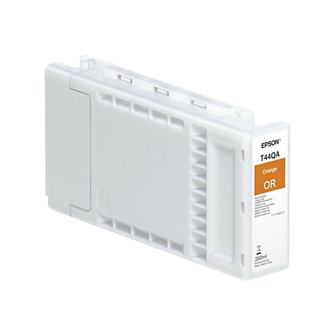 Weiße, rechteckige Tintenpatrone von Epson mit orangefarbener Markierung, die "Orange" kennzeichnet. Aufschrift: T44QA.
