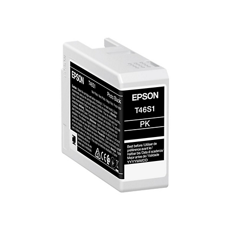 Une cartouche d'encre Epson, blanche avec une Ã©tiquette noire. Texte : Epson, T46S1 PK, Photo Black. L'Ã©tiquette indique Ã©galement la date de pÃ©remption.