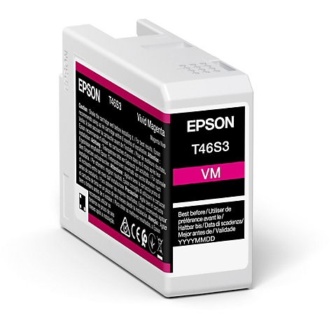Epson T46S3 Tintenpatrone in Weiß und Magenta. Aufschrift: "Vivid Magenta" und "VM".