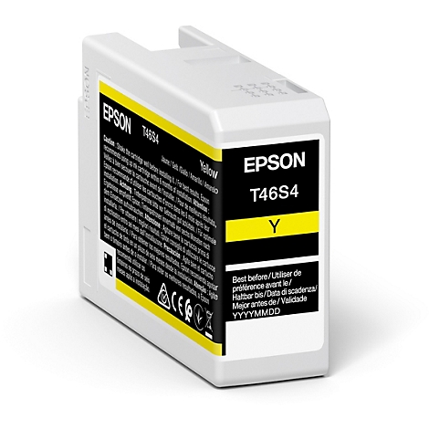 Gelbe Epson T46S4 Tintenpatrone, Seitenansicht mit Text und Logos.