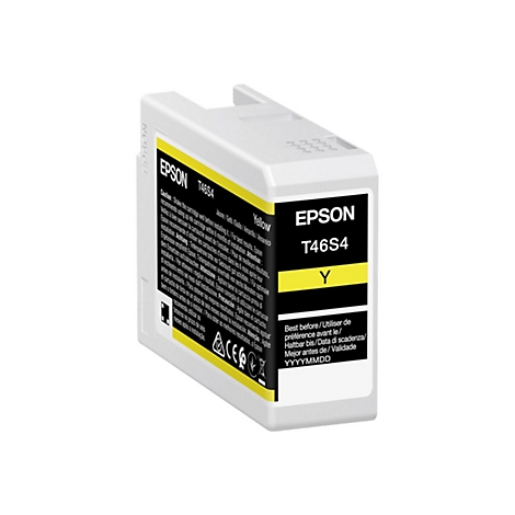 Gelbe Epson T46S4 Tintenpatrone. Aufschrift: Epson, T46S4, Y, sowie Warnhinweise und Mindesthaltbarkeitsdatum.