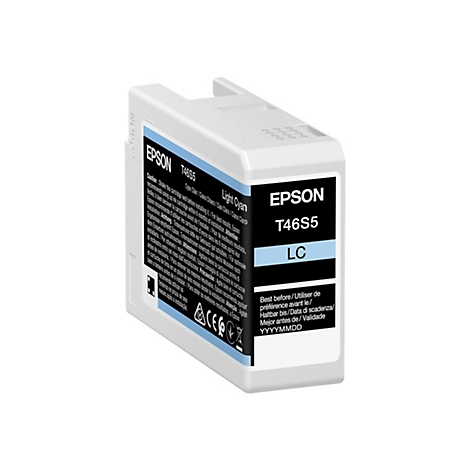 Une cartouche d'encre bleu clair, Ã©tiquetÃ©e Epson T46S5 LC. Textes imprimÃ©s en plusieurs langues.